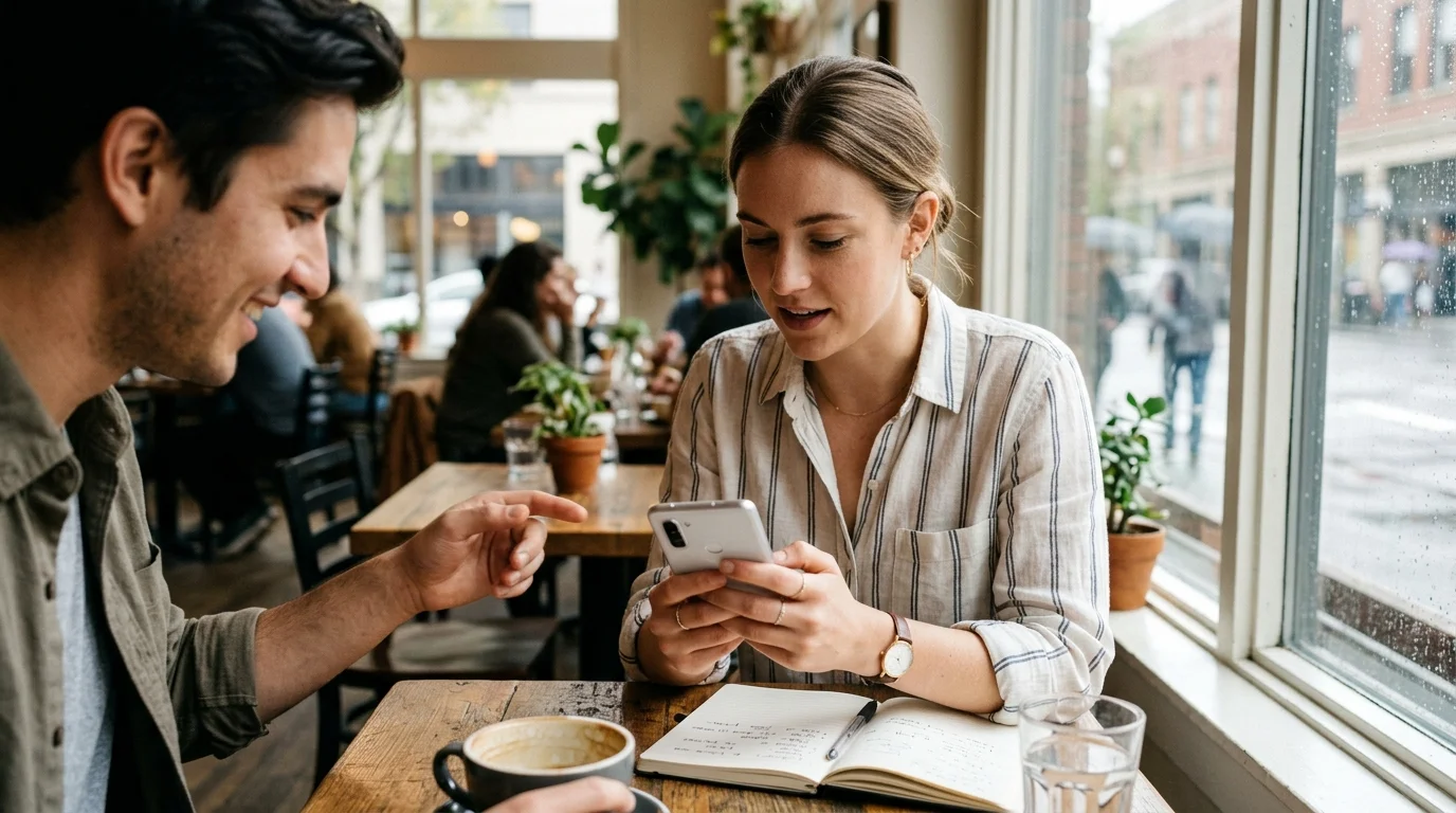 A woman looks at her smartphone while sitting with a man at a cafe table beside a large window.