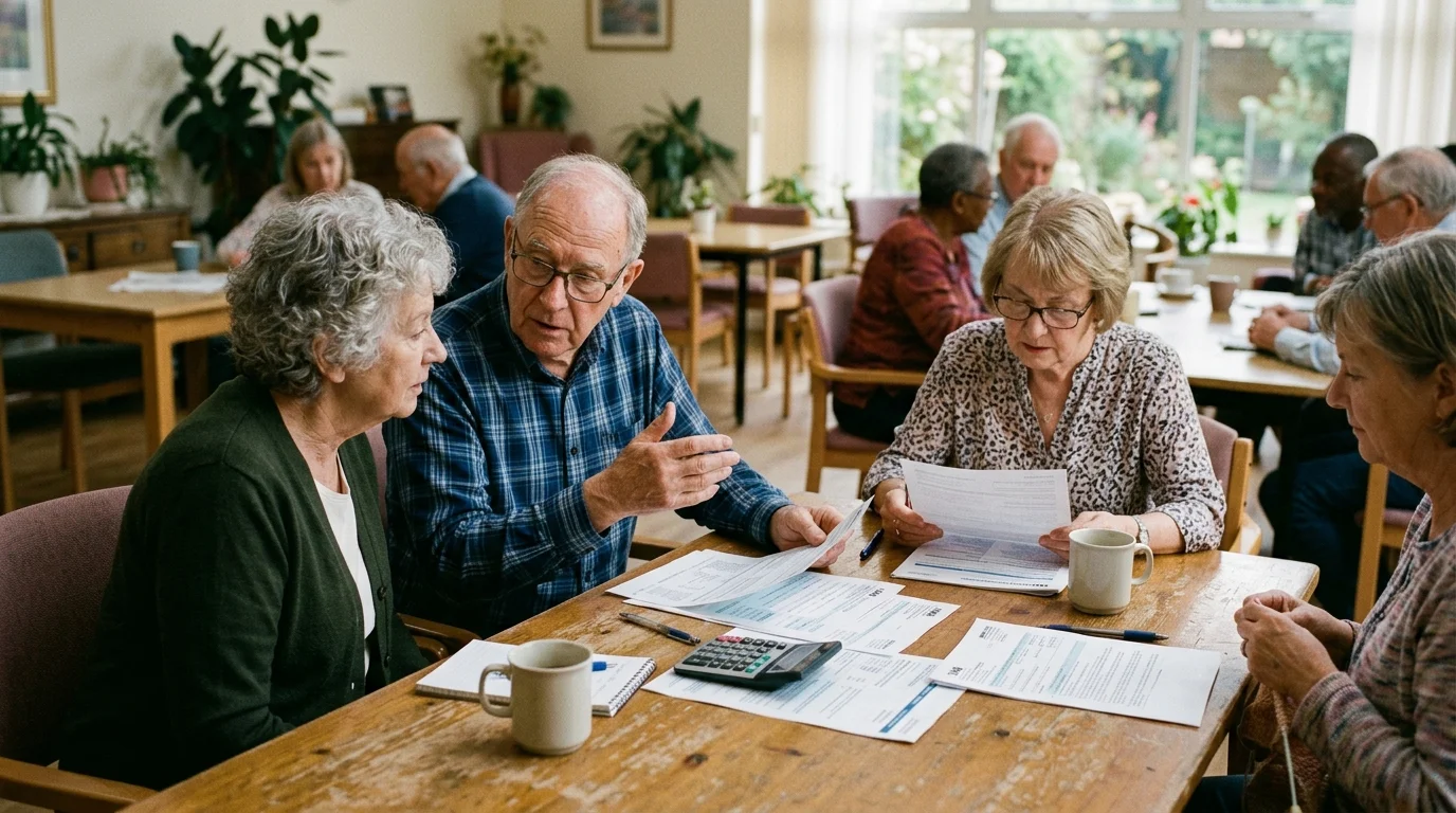Four seniors sitting around a wooden table reviewing tax forms and paperwork with a calculator and coffee mugs.
