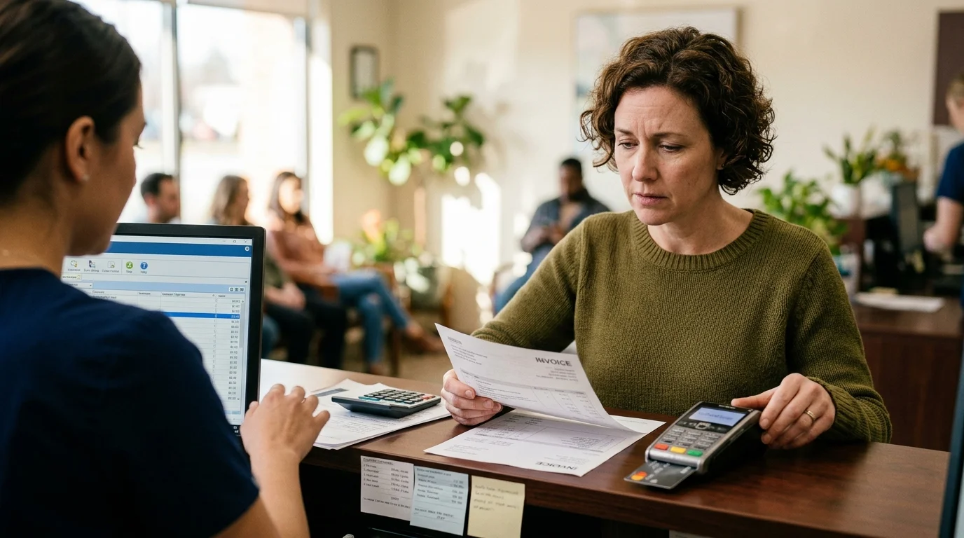 A woman reviews an invoice at a clinic reception desk beside a card payment terminal and computer monitor.