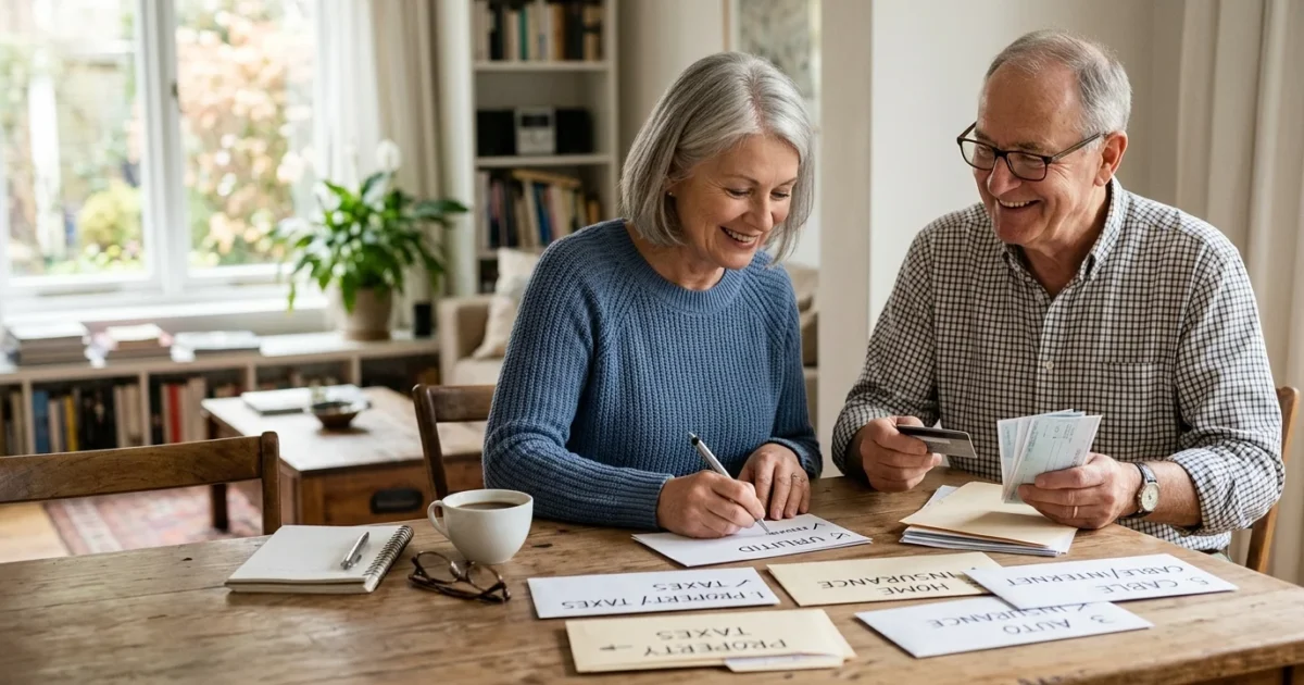 A smiling senior couple sits at a wooden dining table reviewing bills, checks, a credit card, and paperwork together.