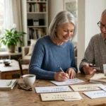 A smiling senior couple sits at a wooden dining table reviewing bills, checks, a credit card, and paperwork together.