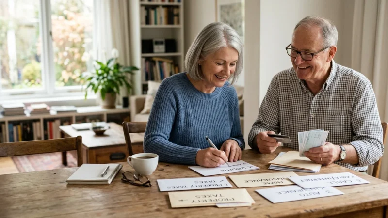 A smiling senior couple sits at a wooden dining table reviewing bills, checks, a credit card, and paperwork together.