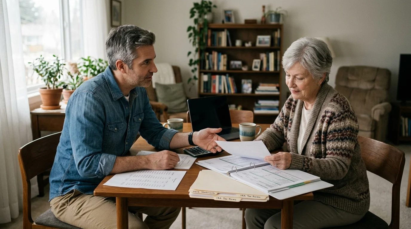 A man and a senior woman sit at a dining table reviewing financial paperwork, documents, and folders together.