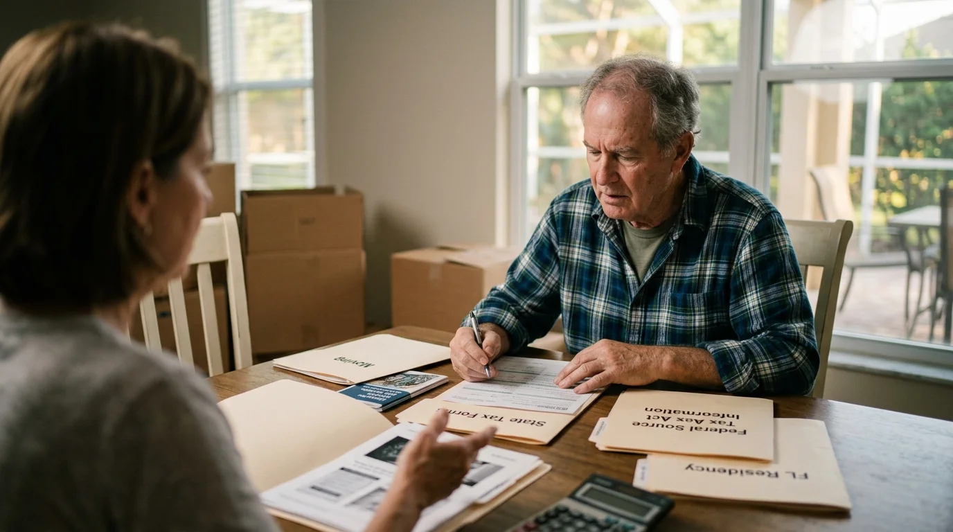 A man fills out state tax forms at a wooden table surrounded by cardboard moving boxes.