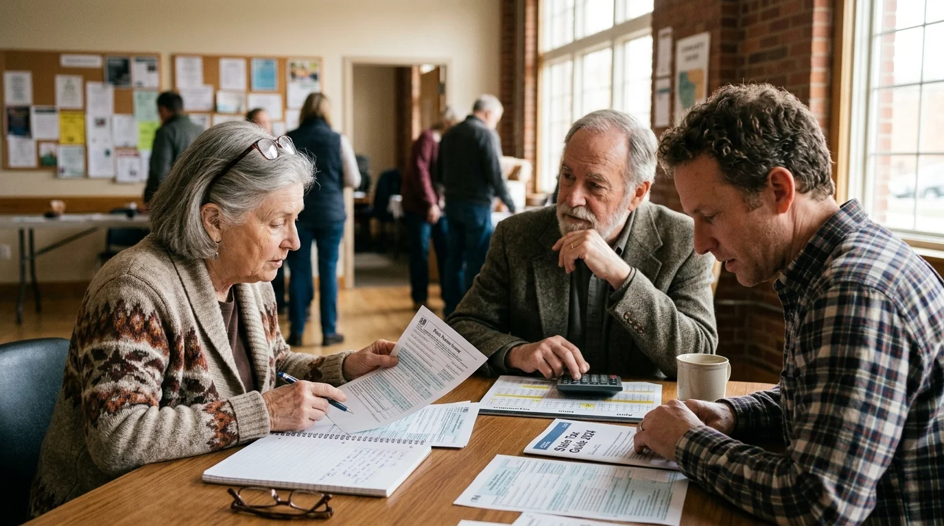 Three adults sit at a wooden table reviewing tax forms, notebooks, and a calculator in a community room.