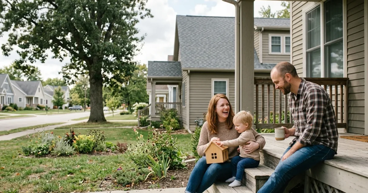 A family of three smiles while sitting on the wooden porch steps of their suburban home on a sunny day.