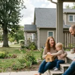 A family of three smiles while sitting on the wooden porch steps of their suburban home on a sunny day.