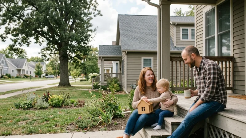 A family of three smiles while sitting on the wooden porch steps of their suburban home on a sunny day.