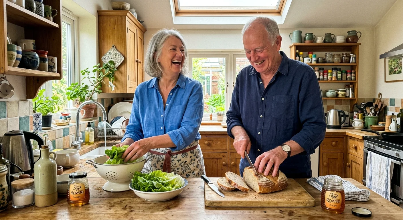 A candid photograph of an older couple unpacking fresh bread and produce onto a wooden kitchen counter.