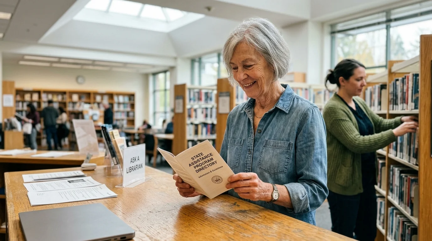 A casual photo of an older woman reading a State Assistance Program directory booklet in a warm, sunny library.