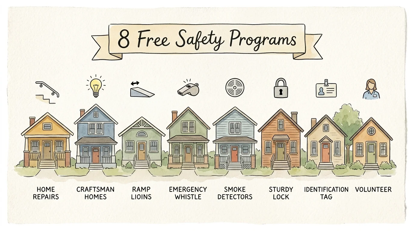 A charming watercolor illustration of eight diverse homes with simple safety icons floating above their roofs.