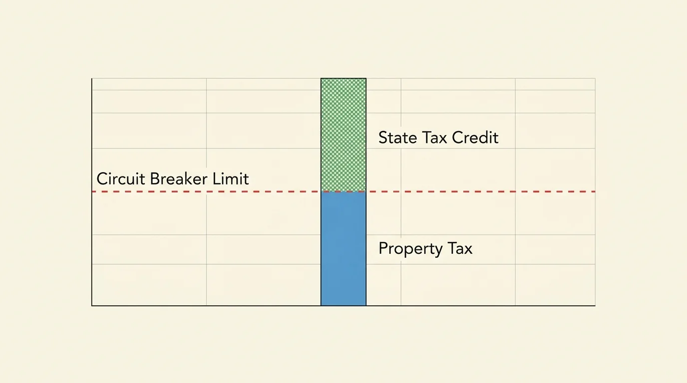 A clean bar chart showing how a circuit breaker credit caps property taxes when they exceed an income threshold.