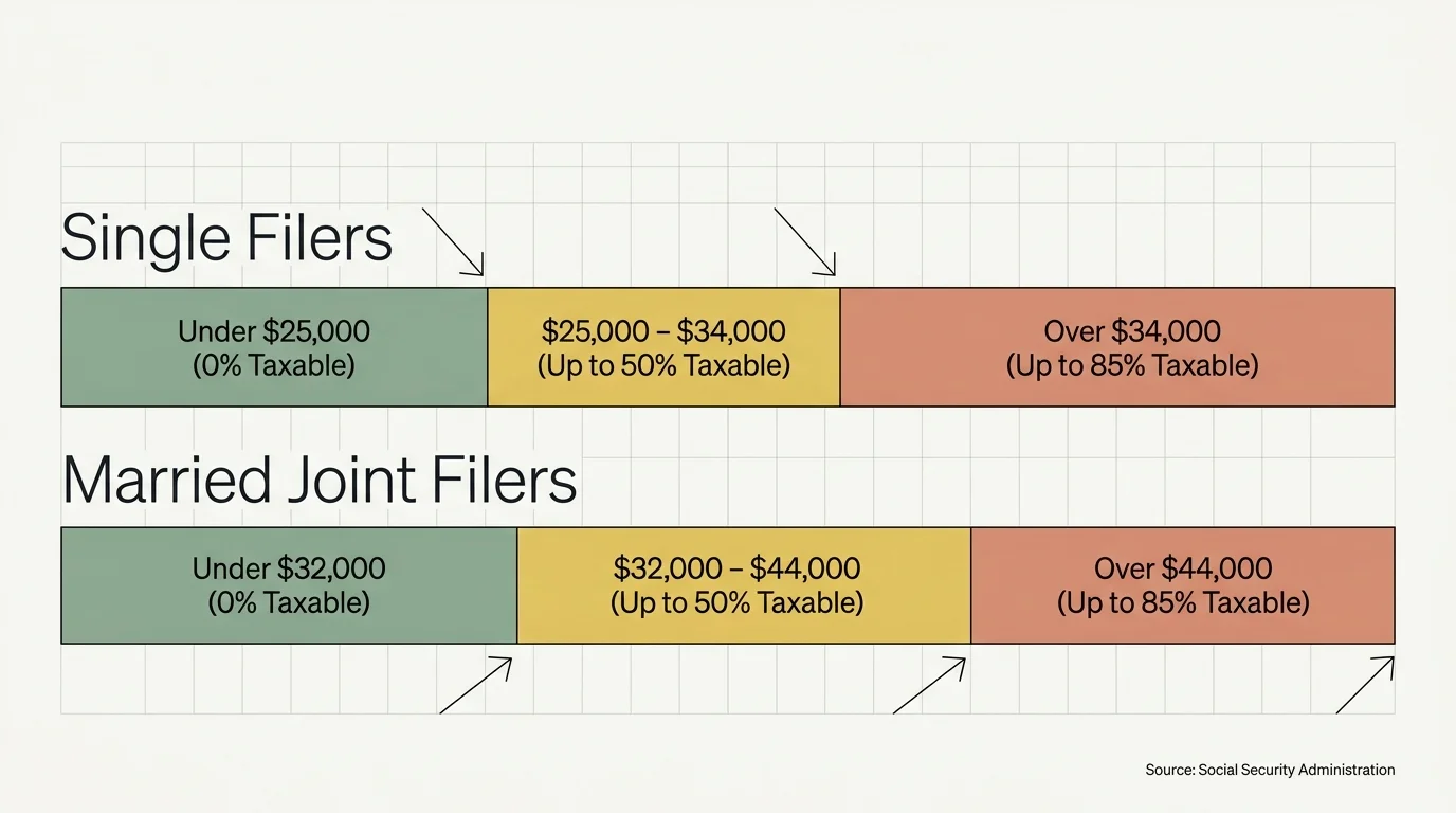 A clean data diagram showing federal Social Security tax thresholds for single and married joint filers.