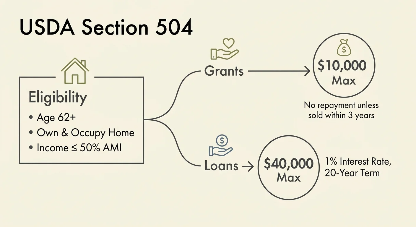 A clean diagram showing USDA Section 504 eligibility: Age 62+, income limits, up to $10,000 in grants, and up to $40,000 in loans.