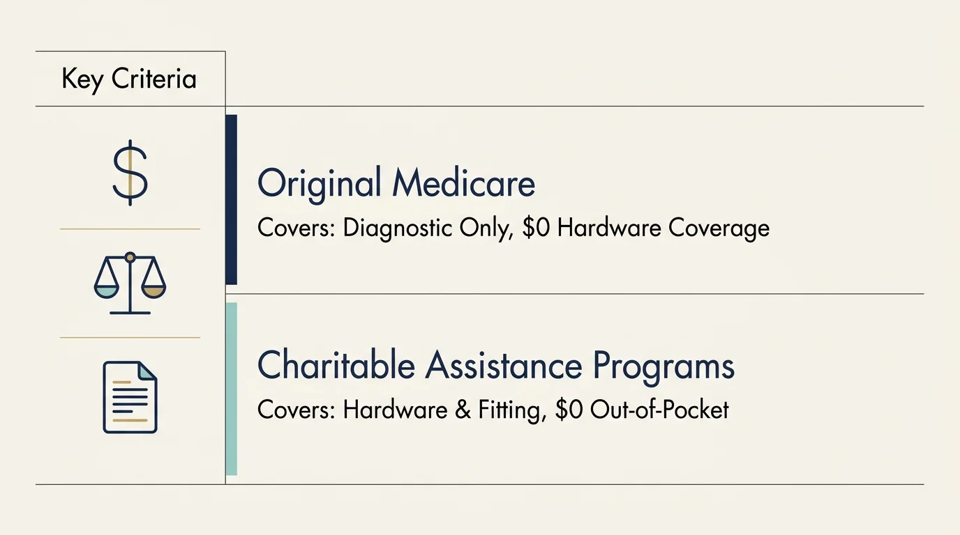 A clean horizontal comparison diagram showing the differences in coverage between Original Medicare and charitable programs.