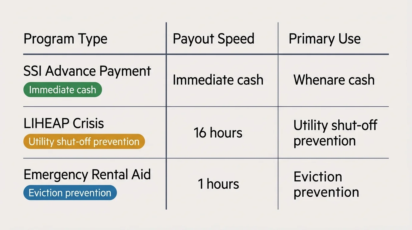 A clean, horizontal comparison table showing payout speeds and primary uses for SSI Advance, LIHEAP, and Rental Aid.