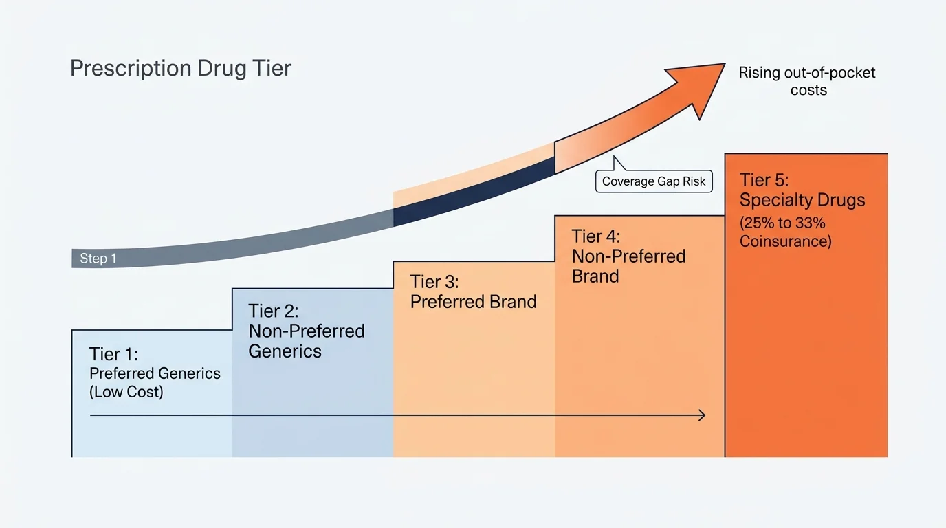 A clean horizontal diagram showing the five tiers of Medicare Part D coverage, highlighting rising costs up to 33% coinsurance for Tier 5.