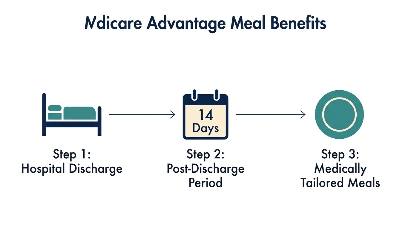 A clean horizontal flowchart illustrating the Medicare Advantage post-discharge meal benefit process.
