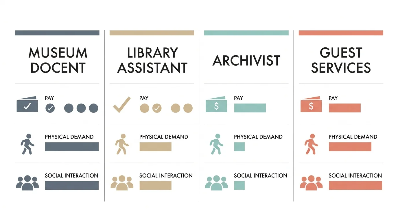 A clean horizontal infographic comparing four retiree job roles on pay, physical demand, and social interaction.