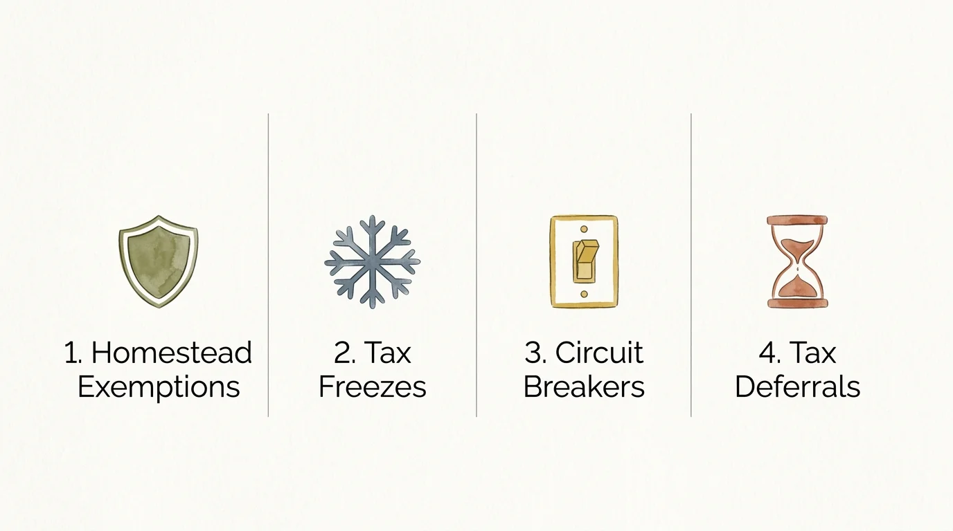A clean horizontal infographic showing the four types of tax relief: exemptions, freezes, circuit breakers, and deferrals.