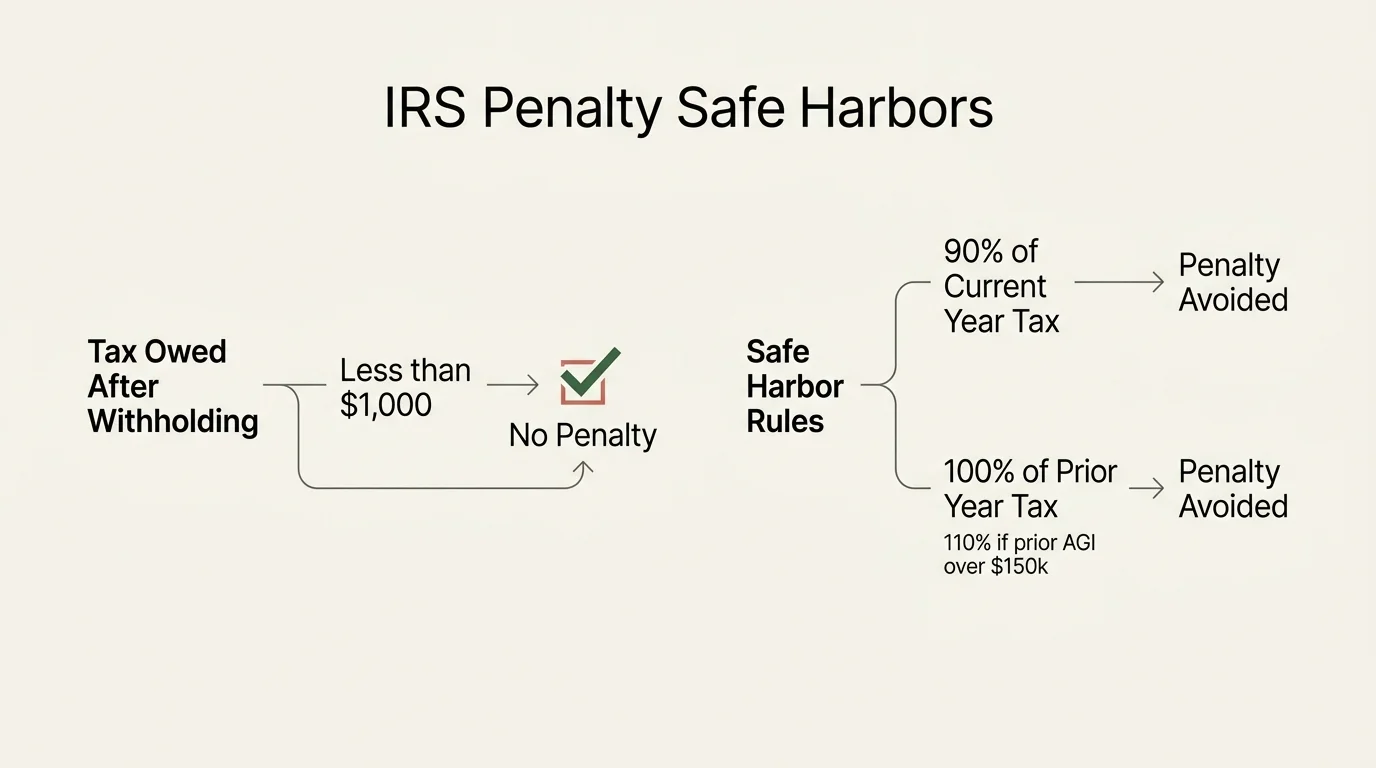 A clean, minimalist diagram showing the IRS Safe Harbor rules, including the $1,000 threshold and the 90% or 100% tax payment paths.