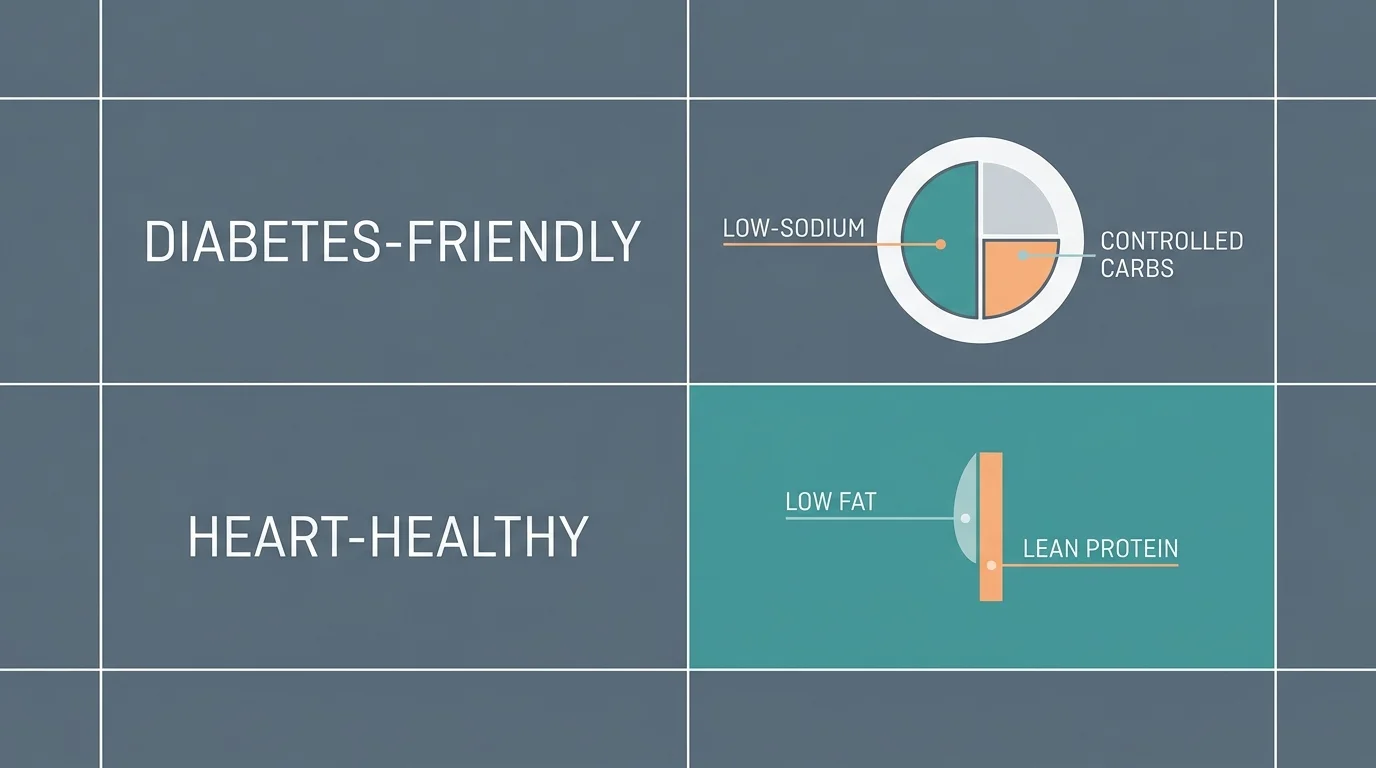 A clean, modern infographic illustrating custom nutritional criteria for medically tailored senior meals.
