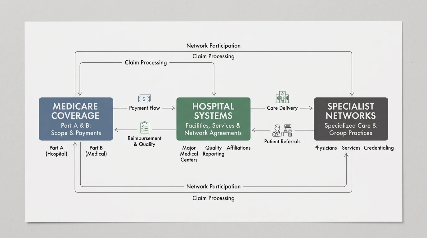 A clean network diagram showing the connections between Medicare coverage, hospital systems, and local specialist networks.