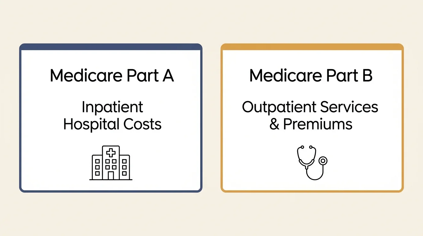 A clean side-by-side comparison diagram showing Medicare Part A for hospital costs and Medicare Part B for outpatient services.