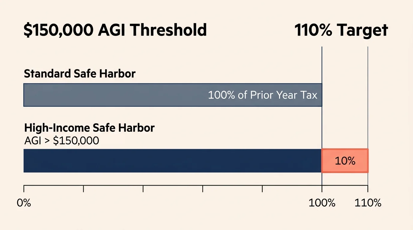 A clear bar chart comparing the standard 100% safe harbor rule to the 110% rule for high-income earners over $150,000 AGI.