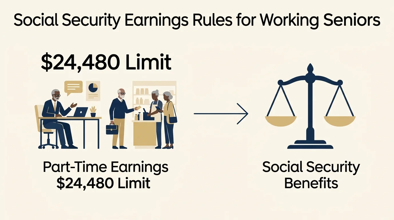 A clear horizontal diagram showing the relationship between part-time earnings, the $24,480 limit, and Social Security benefits.