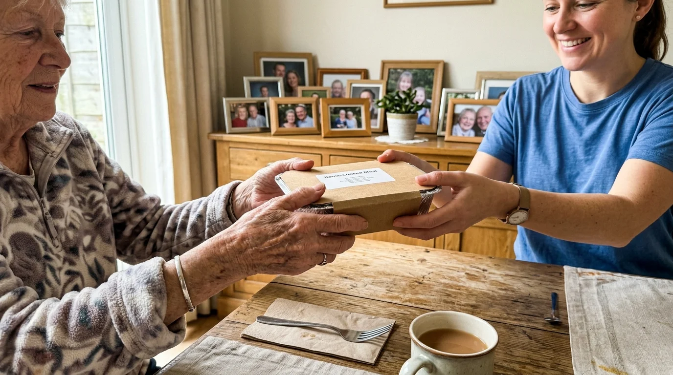 A close-up of a volunteer's hands delivering a warm, sealed meal container to an older adult at home.