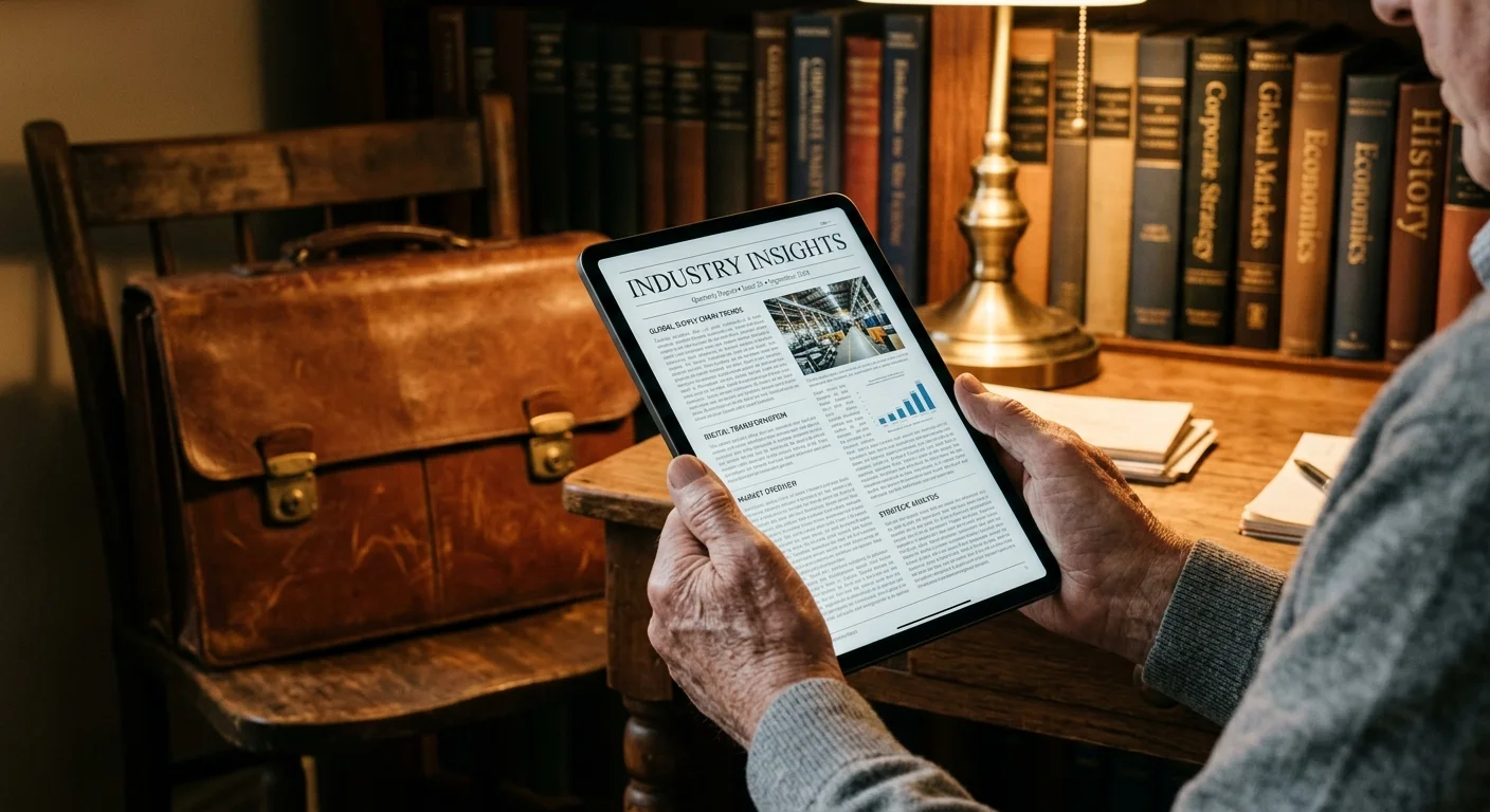 A close-up of an older adult's hands holding a tablet displaying professional news, with a closed briefcase in the background.