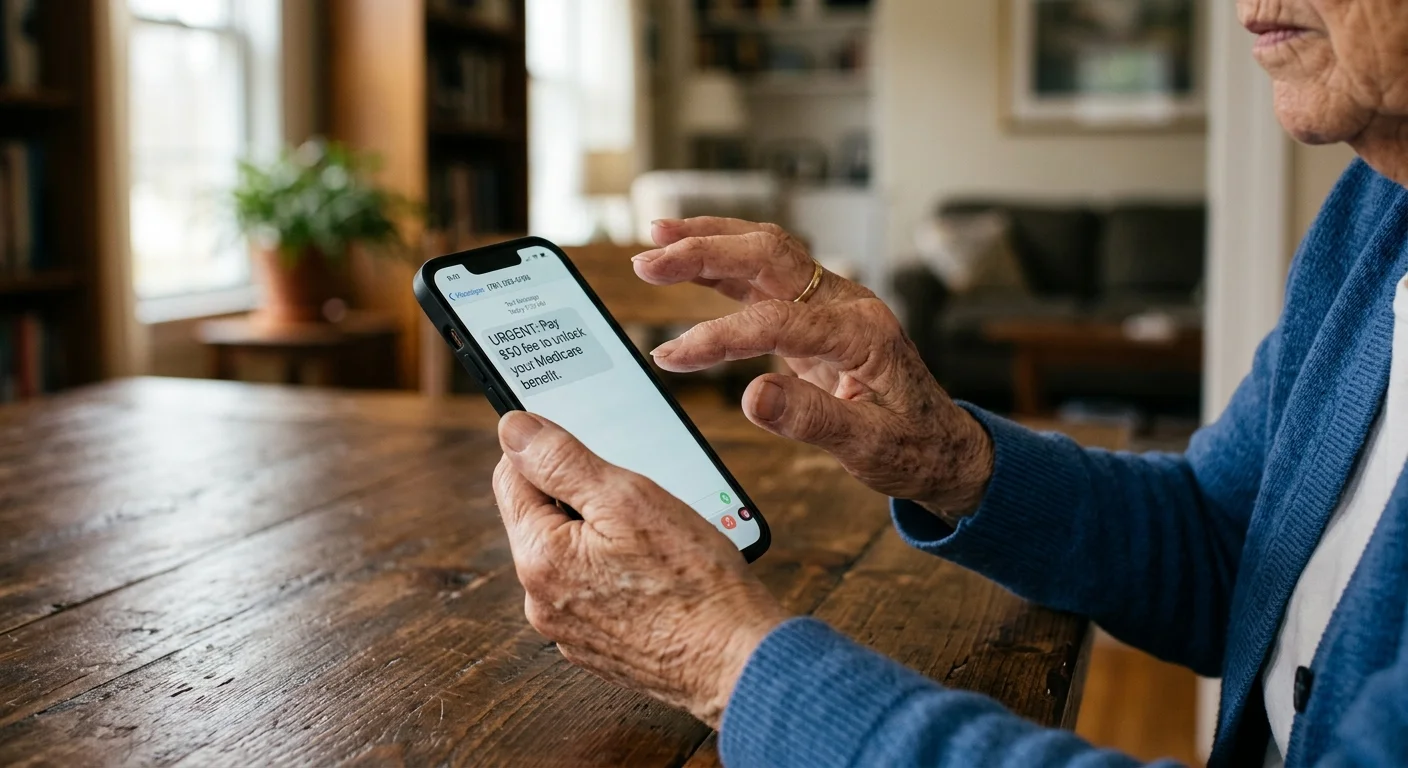 A close-up of an older person's hands holding a phone displaying a fraudulent text message requesting a fee for Medicare benefits.