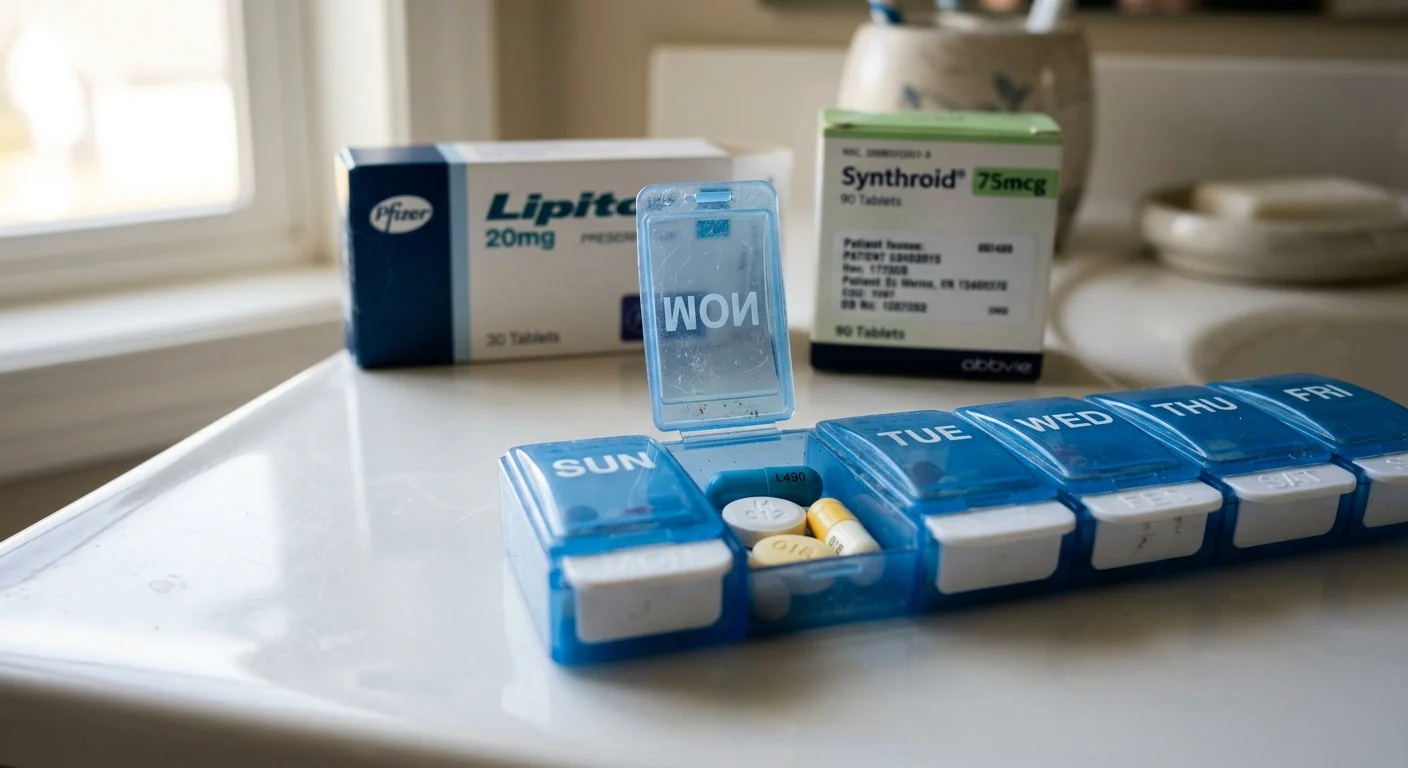 A close-up of an open weekly pill organizer showing daily medications next to brand-name prescription boxes.