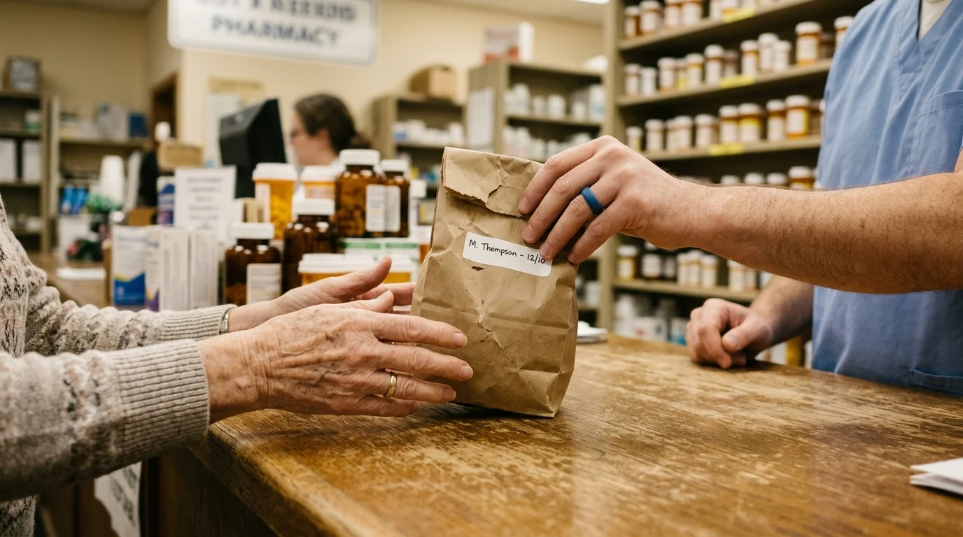A close-up photo of a pharmacist passing a brown paper prescription bag to an older adult across a wooden pharmacy counter.