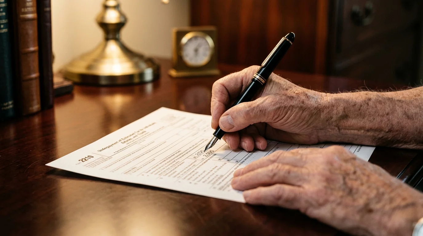A close-up photo of a senior's hands using a fountain pen to carefully fill out IRS Form 2210 on a warm wooden desk.