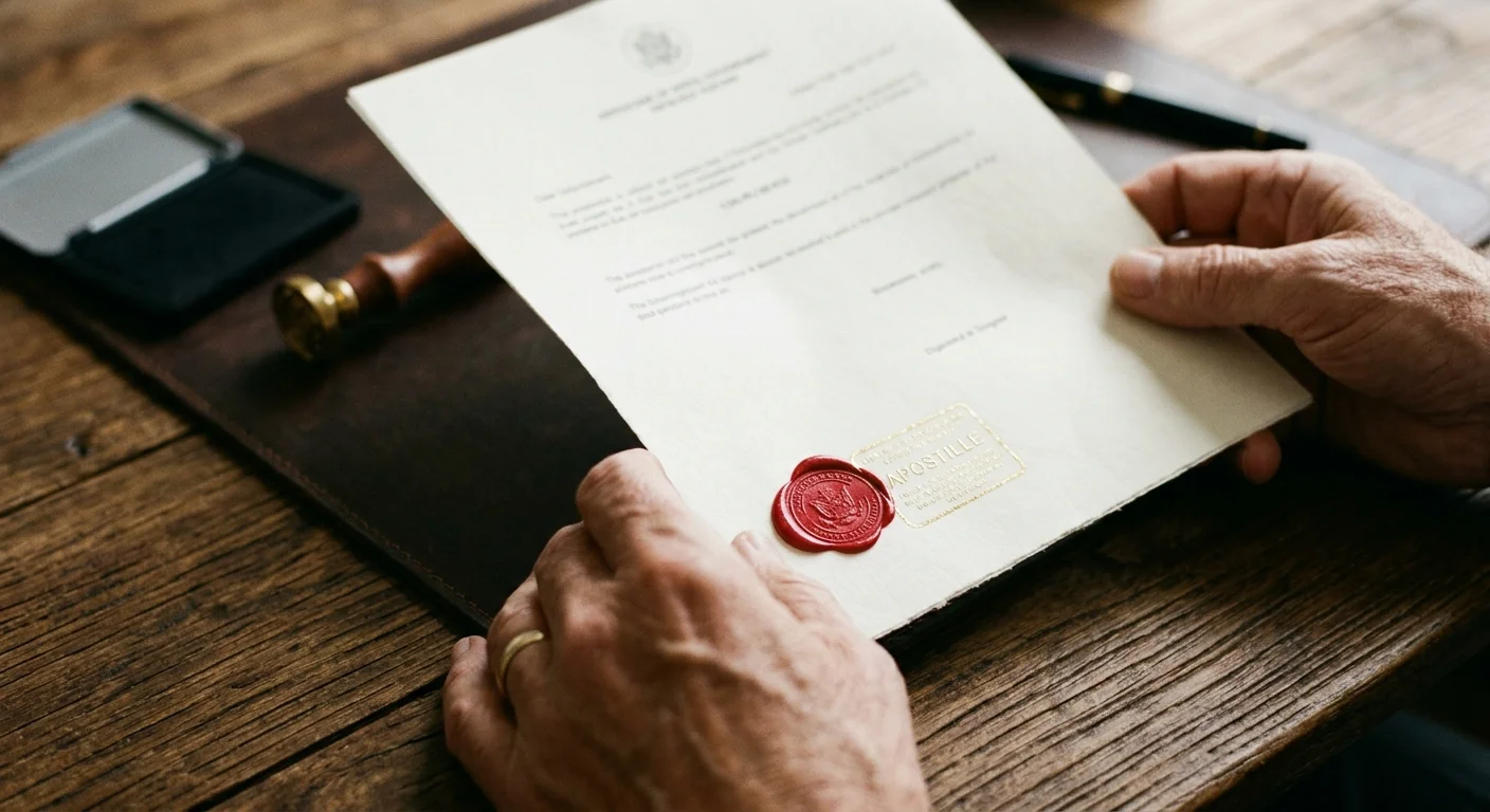 A close-up photo of mature hands holding an official document with an embossed gold apostille stamp and red wax seal.