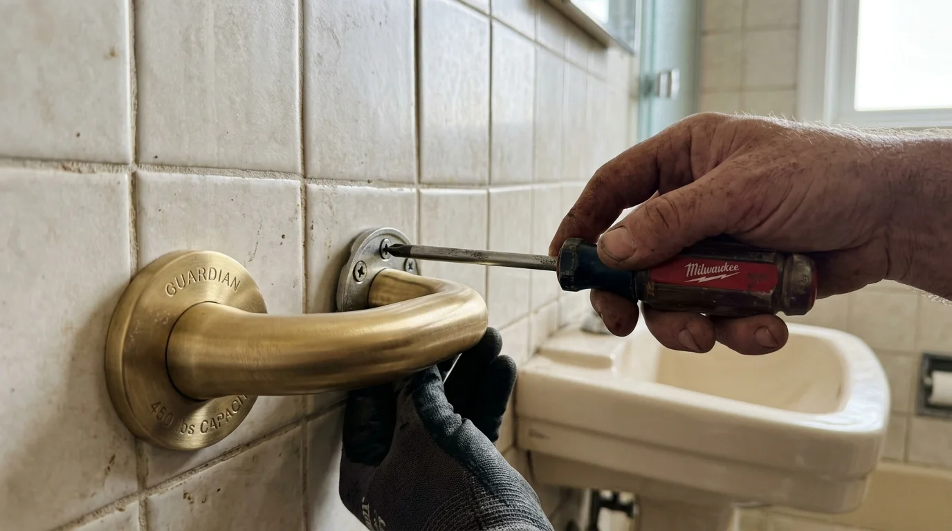 A close-up photograph of a brass safety grab bar being secured onto a bathroom tile wall by a handyperson.