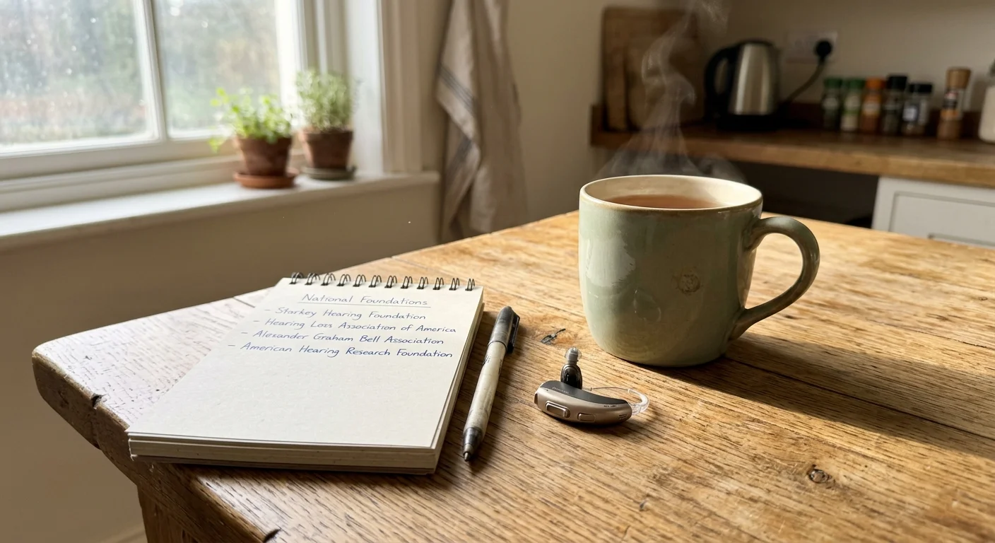 A close-up photograph of a modern hearing aid sitting on a warm, sunlit kitchen table next to a cup of tea.