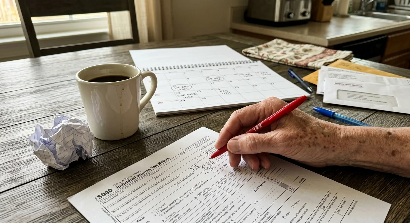 A close-up photograph of a senior's hand holding a pen over a tax form next to a crumpled piece of paper on a wooden table.