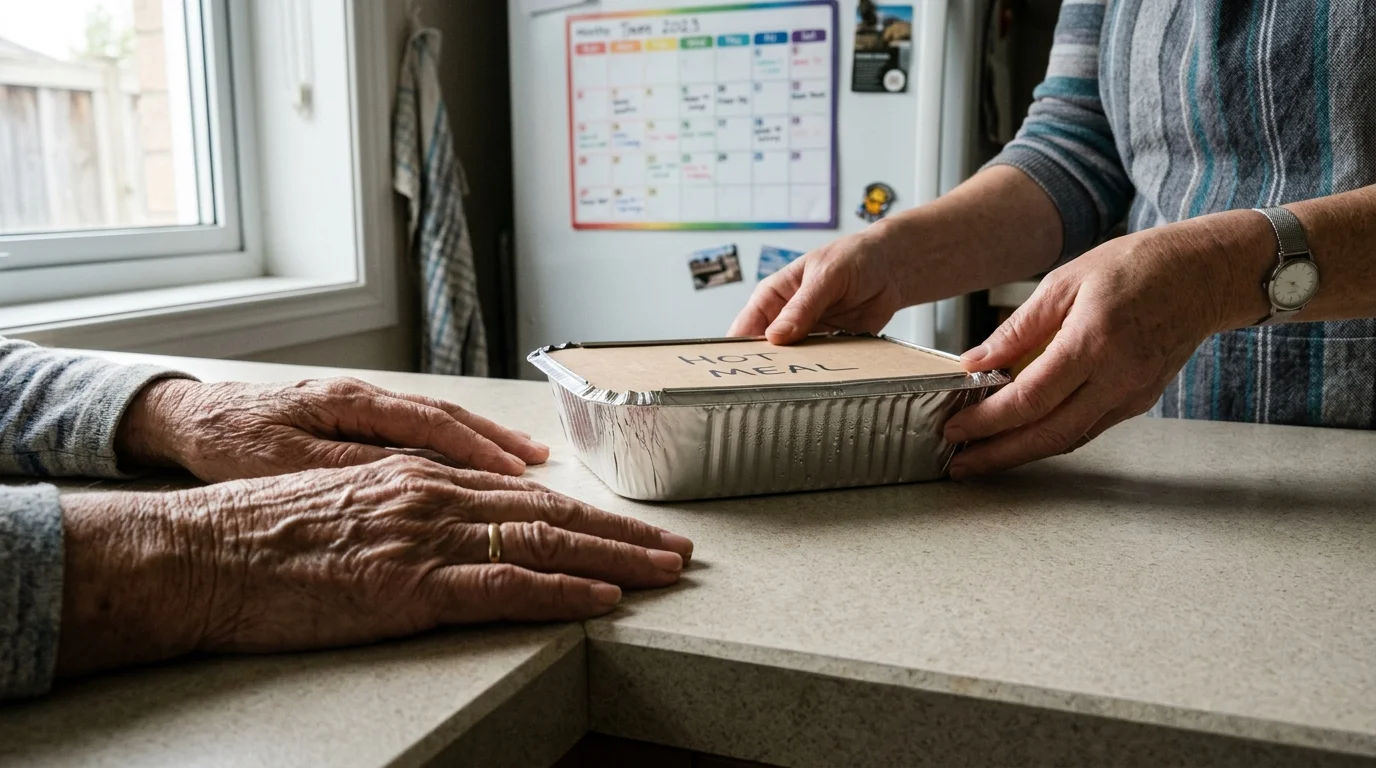 A close-up photograph of a volunteer setting down a warm meal tray on a kitchen counter near an older woman's hands.