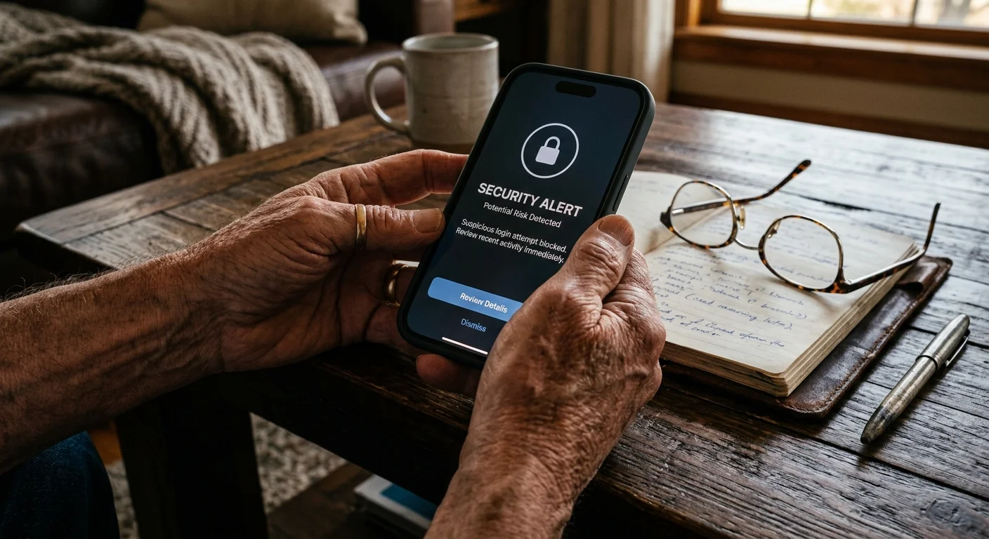 A close-up photograph of an older adult's hands holding a smartphone displaying a security lock notification on a wooden table.