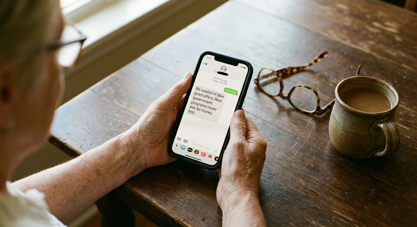 A close-up photograph of an older person's hands holding a phone displaying a warning message about financial grant scams.