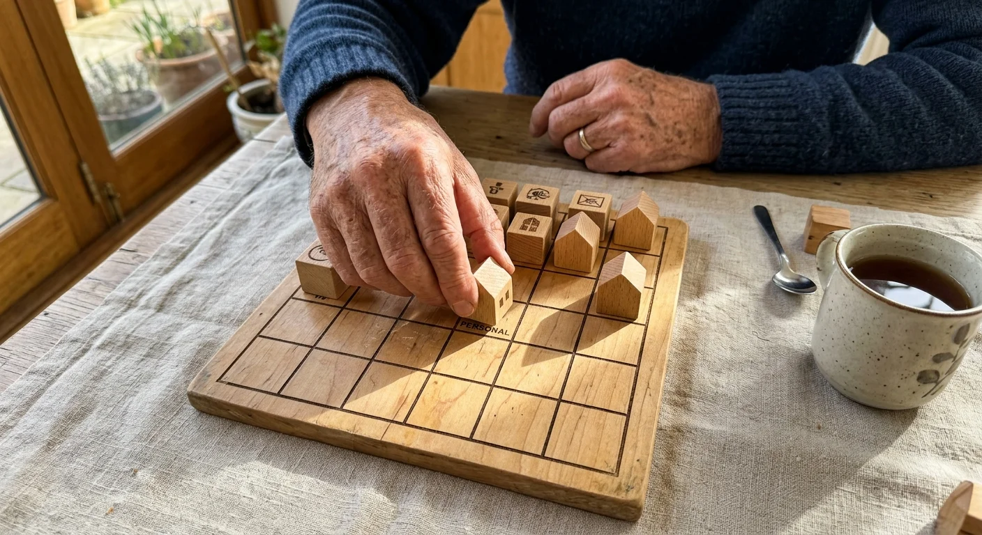 A close-up photograph of hands placing a wooden house token onto a tabletop grid next to a mug.