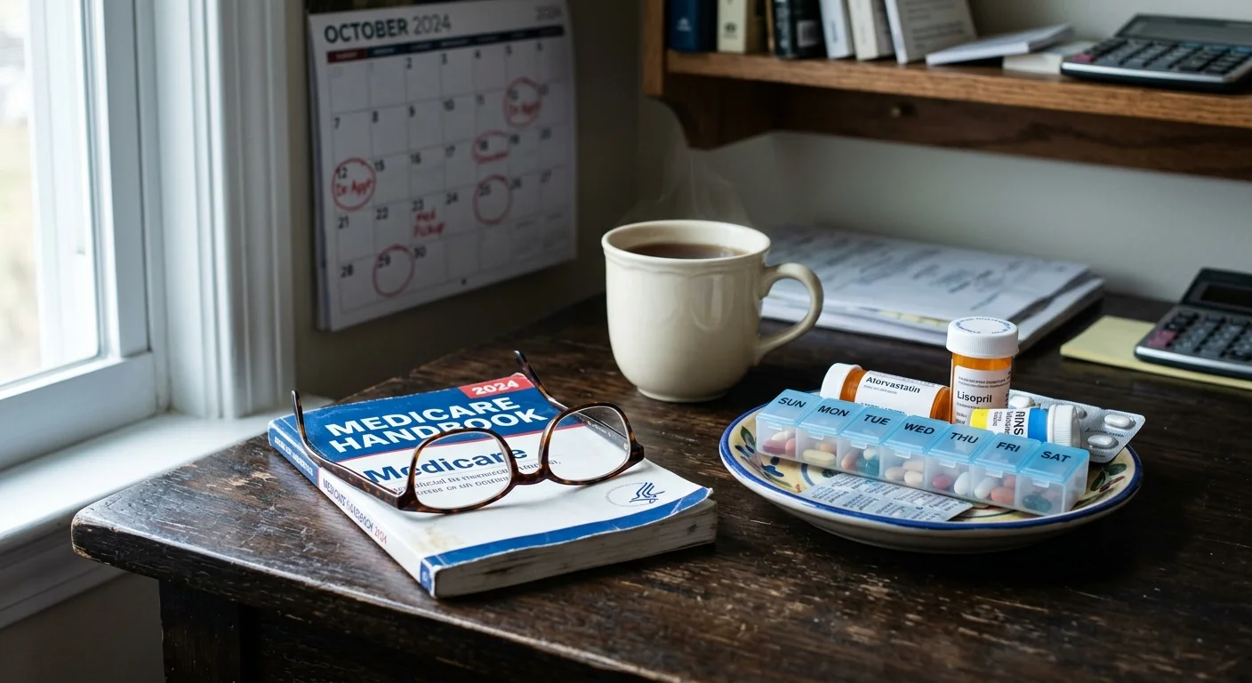 A close-up photograph of reading glasses resting on a Medicare handbook on a wooden desk.
