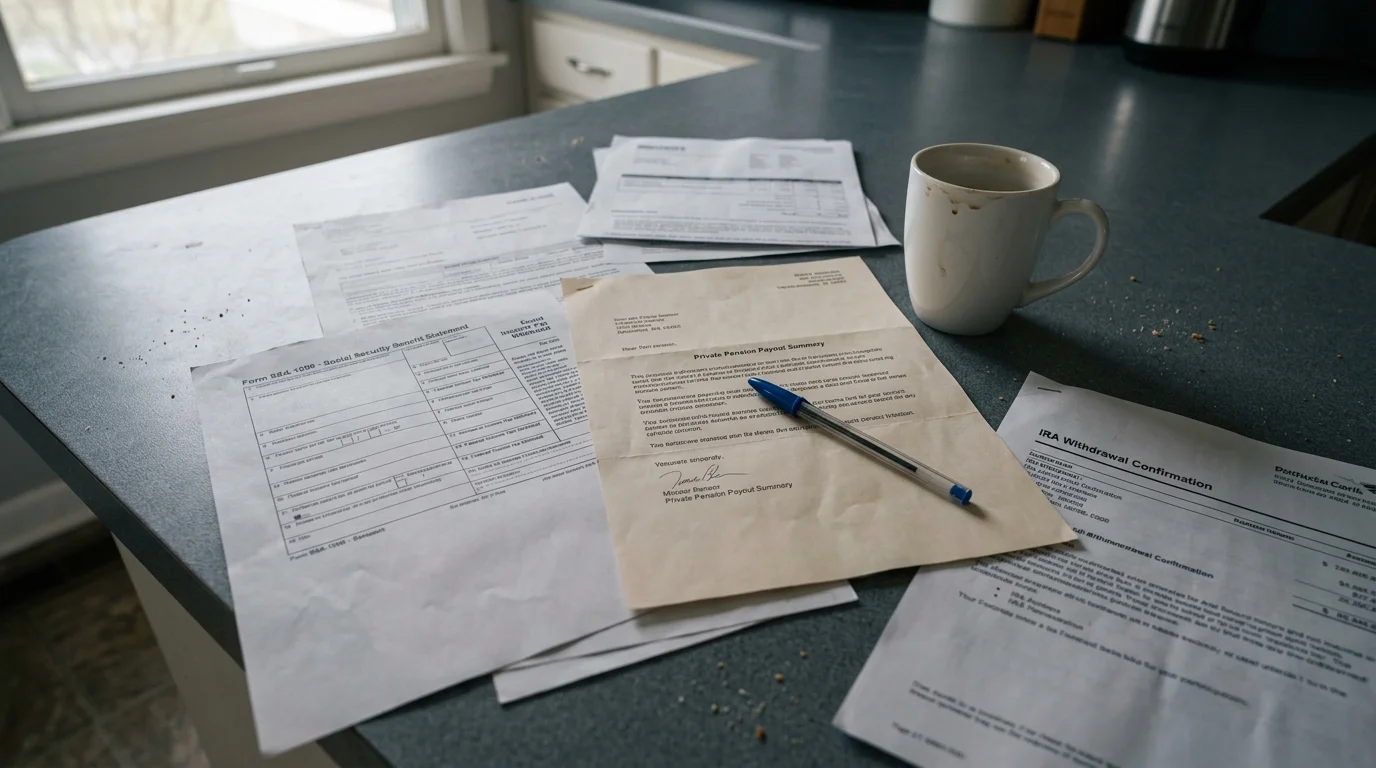 A collection of retirement income statements, including Social Security and pension documents, lying on a kitchen counter next to a coffee m