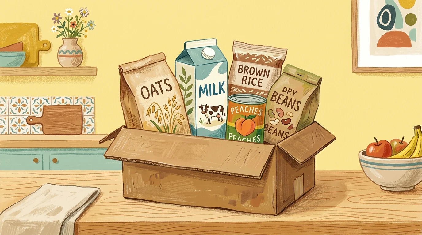 A colorful gouache illustration of a box filled with healthy food staples like oats, rice, and canned fruit.