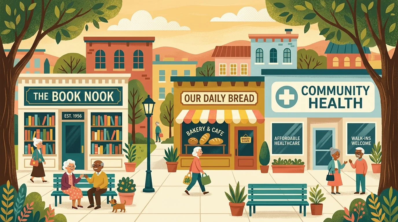 A colorful gouache illustration of a cozy town square featuring a local bakery, bookstore, and a modern community health clinic.