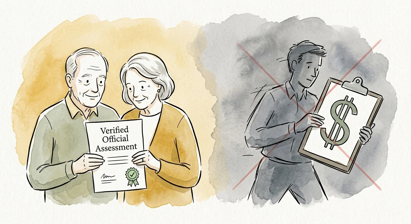 A conceptual illustration showing a couple reviewing a verified assessment document while a sketchy contractor is crossed out.