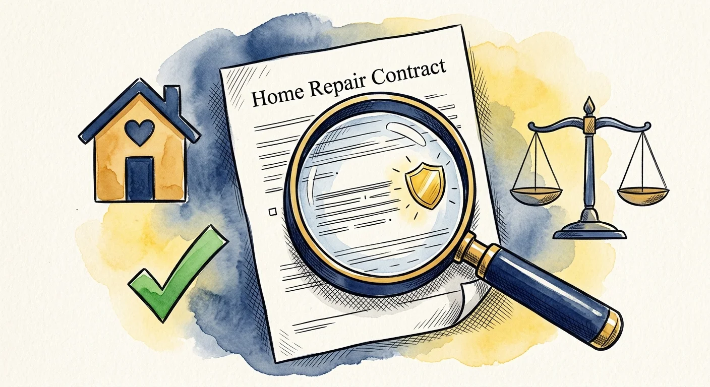 A conceptual watercolor illustration of a magnifying glass inspecting a contract with a protective golden shield.